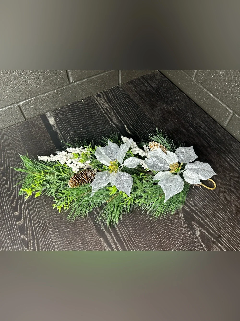 Holiday Pine Garland with Silver Poinsettias - Pinecone Accent - 23x13